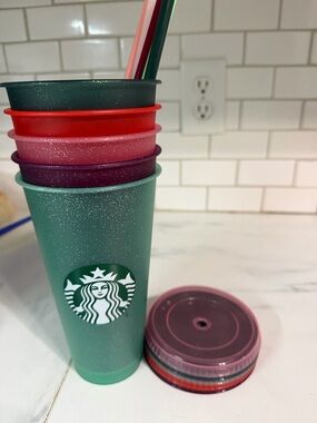 Starbucks Glitter Reusable 5 Tumblers  with Assorted Color Lids